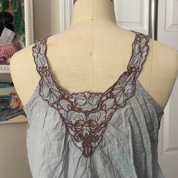 MINE Pale Gray COTTON Embroidered Shirred Drop Waist Tunic Shirt *SMALL* Y2K - Picture 5 of 6